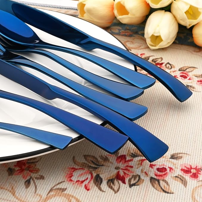 24-Piece 304 Silverware Set, Mirror Polish Serving Flatware Cutlery Set Include Steak Knife Fork Spoon, Wedding Kitchen Restaurant Utensils Daily Use, Service For 4, Blue