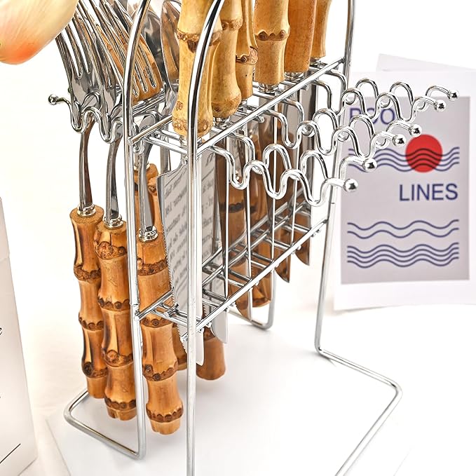 25-PIECE Stianless Steel Tableware Set, Natural Bamboo Silverware Set With Rack, Nice Weight Cutlery Stand Hanging Storage,Service For 6, Mirror Silver