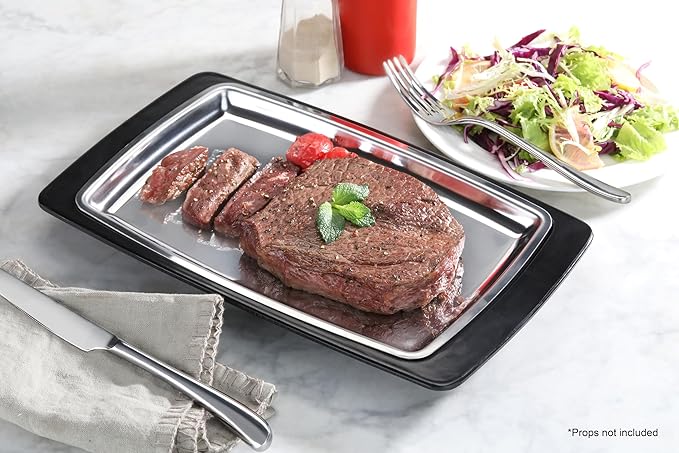 New Star Foodservice 26672 Rectangular Stainless Steel Sizzling Platter with Insulated Holder, 11" x 7.25", Black