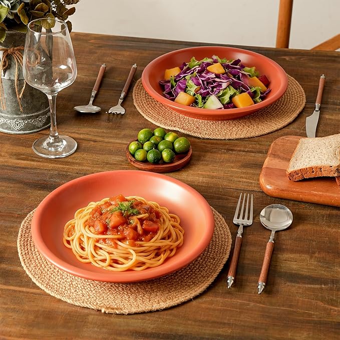 Plates and Bowls Sets, 6 Piece Ceramic Stoneware Dinnerware Set for Family and Gatherings, Dishes Set for 2, Dishwasher & Microwave Safe, Handcrafted Dishware Sets, Terracotta Red