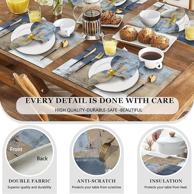 Mcalk 4 Each Brown Placemats and Cloth Napkins Set of 8, Modern Art Placemat, Abstract Dark Grey Cloth Napkin for Home Kitchen Decor (Placemats 18 "x12 Napkins 18 "x18)