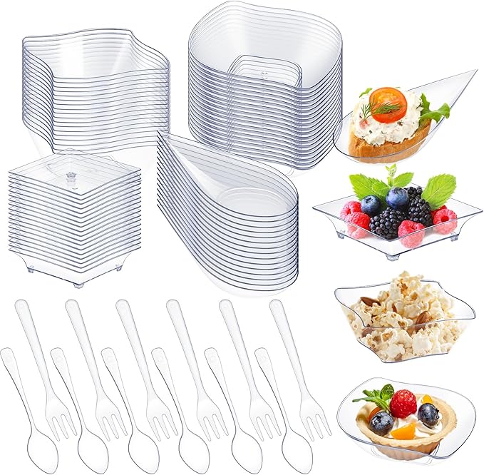 Tessco 200 Pcs Mini Appetizer Plates with Spoons Forks Disposable Mini Dessert Plates Plastic Appetizer Bowls Tiny Individual Serving Trays for Party(Clear,Classic)