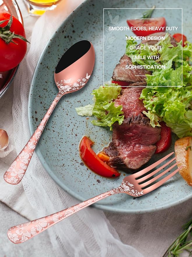 Stapava 24 Pcs Rose Gold Silverware with Steak Knives, Stainless Steel Copper Silverware Flatware Cutlery Set for 4, Include Forks Spoons and Knives set, Mirror Polished, Dishwasher Safe Utensils