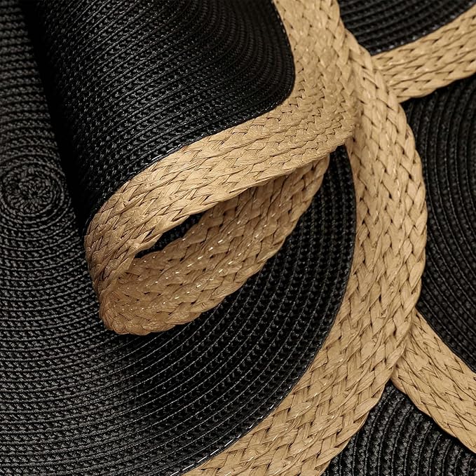 Noctiflorous Round Placemats Set of 6, 15 Inch Braided Hand Woven Table Mats, Heat Resistant Non-Slip Wipeable Wide Edge Place Mats for Kitchen Dining Indoor Outdoor Use(Black, 6)