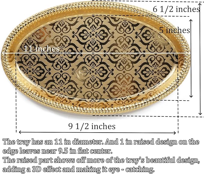 Fermus Set of 2 Oval Metal Tray 11 inches Long Jewelry Dish Cosmetics Organizer Decorative Serving Platter Small Storage Tray Centerpiece for Coffee Table Living Room Kitchen Counter, (2 Pack)