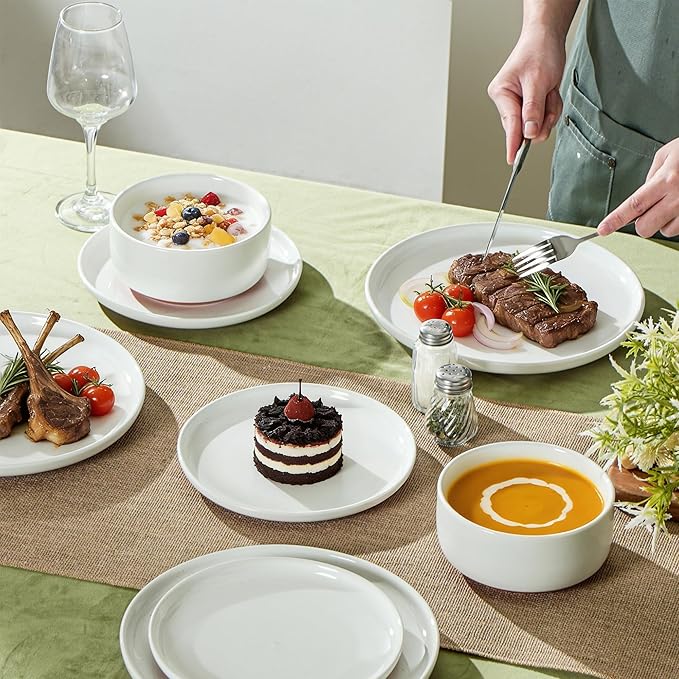 Ceramic Dinner Plates, 10.25 Inch Flat Dish Set for 4, Perfect for Family and Entertaining, Microwave & Dishwasher Safe, Dinner Dishes for Steak, Sandwiches, Pizza, Pasta, Elegant White