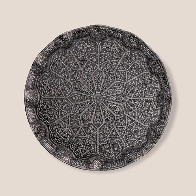 Alisveristime Turkish Ottoman Coffee Tea Serving Tray – 13.60 inches, Metal with Traditional Motifs, Available in Five Colors (Black)