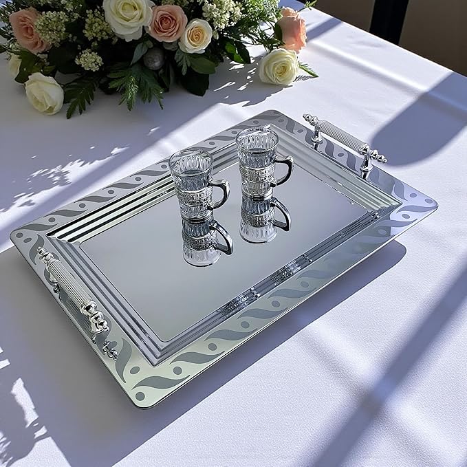 (Pack of 2) 17.9 inch x 12.9 inch Rectangular Chrome Plated Silver Serving Tray with Handles in Different Pattern Stylish Floral Engraved Decorative Party Dessert Platter Plate NC-070