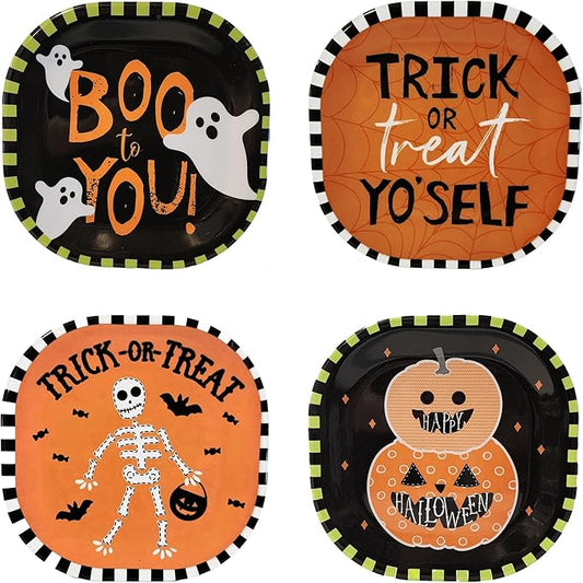 Kane Halloween 8-inch Melamine Appetizer Plates Set of 4 Skeleton Pumpkin Ghost Dessert Dinnerware