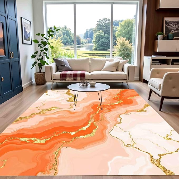 Modern Light Luxury Vibrant Art Aesthetic Deco Indoor Area Rug 8x10 Bright Orange Cream Gold Abstract Marble Texture Large Carpet for Living Room Bedroom Dining Room Soft Anti Slip Floor Mat Big Rugs