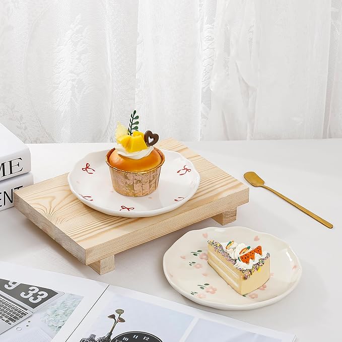 Koythin Ceramic Dessert Plates, Cute Fruits Dinner Plate, Printed Flowers Dinnerware for Office and Home, Kitchen Plates for Desserts (Double Flowers Blossoming)