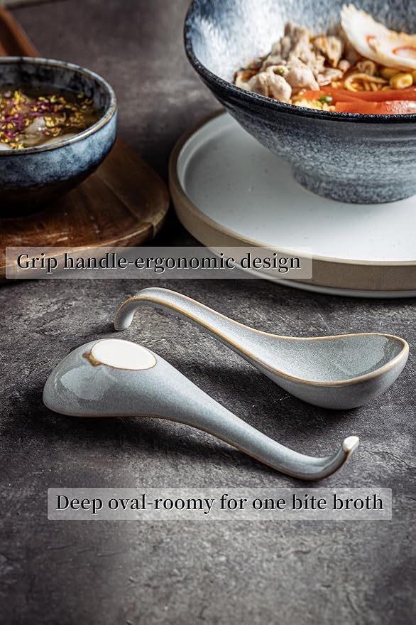 LYEOBOH Ceramic Asian Soup Spoons Set of 6 with Long Handle for Kitchen, Restaurant, Japanese Ramen Spoons with Deep Hook Design, Dishwasher & Microwave Safe, Gray