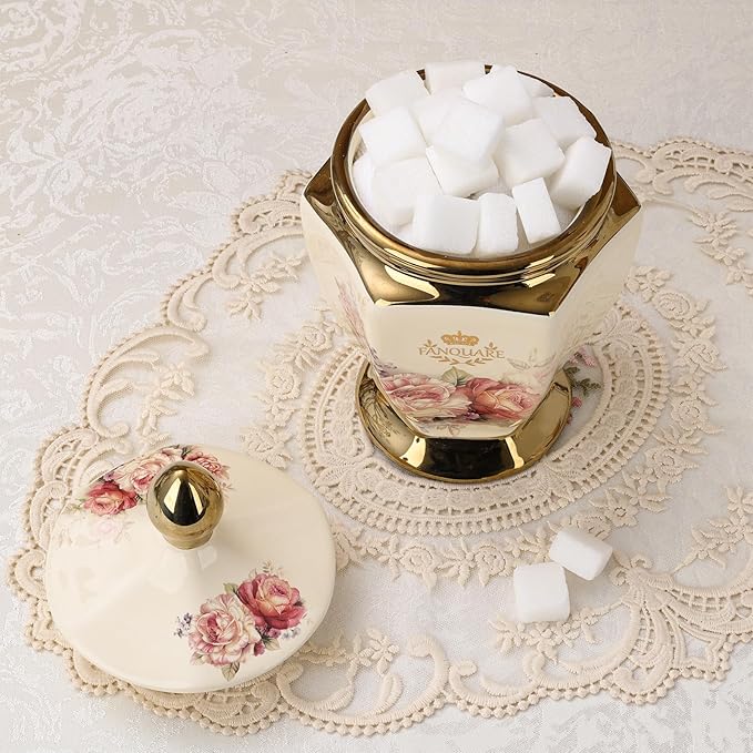 fanquare Vintage Royal Style Decorative Canisters with Gold Trim, Floral Porcelain Sugar Bowl Set of 3 with Airtight Lid for Countertop Party
