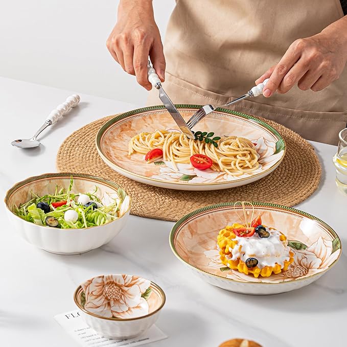 Plates and Bowls Sets for 4, 16-Piece Dinnerware Set Ceramic, Dish Sets for 4 with Camellia Floral Pattern, Microwave & Dishwasher Safe for Everyday Use & Gift Giving