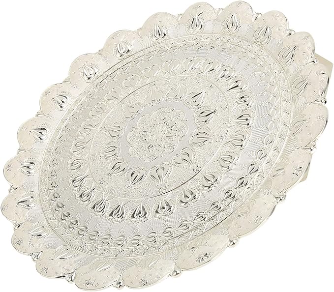 Firlar Round Metal Tray for Home Decor, Turkish Tea Coffee Serving Tray Vintage Style Embossed Pattern Round Coffee Plate for Table Decor Bar Outdoor(Silver)