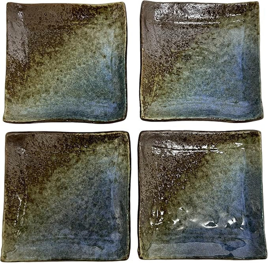 Japanese Mino ware Ceramic Serving Dishes 4.7 Inches, Set of 4, Seasoning Dishes, Sauce Dish, Sushi Dipping Bowl, Appetizer Plates, Aofuki Blue and Brown M30219