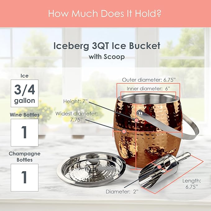 BREKX Rose Copper Beverage Tub and Ice Bucket with Lid and Scoop Party Combo Pack, Stainless Steel Double-Walled Insulated Barware Set