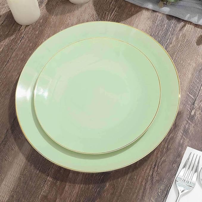 Efavormart 10 Pack | 8" Glossy Sage Green Round Plastic Dinner Plates With Gold Rim, Disposable Party Plates