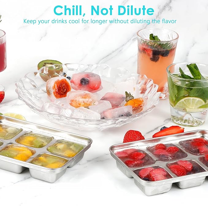 Ice Cube Tray with Lid, 2 Pack 12 Big Cubes, Stainless Steel Ice Cube Trays for Freezer, Ice Cube Molds for Cocktails, Whiskey, Drinks, and Ice Coffee, Easy Release