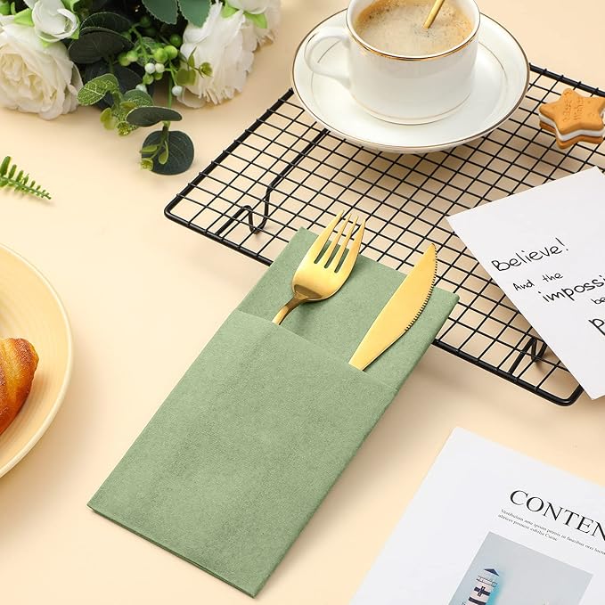 Cindeer 150 Pcs Sage Green Linen Dinner Feel Napkins with Built in Flatware Pocket Prefolded Paper Disposable Airlaid Guest Hand Towel for Silverware Wedding Reception Christmas Baby Shower