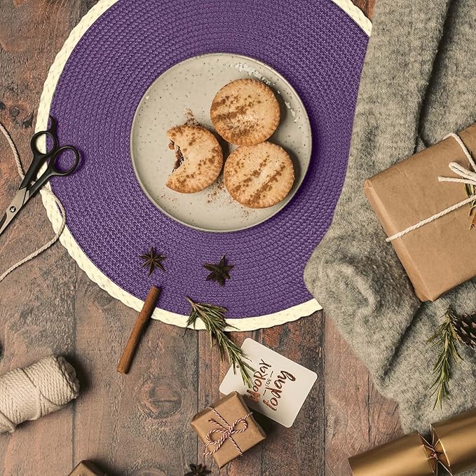 Noctiflorous Round Placemats Set of 8, 15 Inch Braided Hand Woven Table Mats, Heat Resistant Non-Slip Wipeable Thin Edge Place Mats for Kitchen Dining Indoor Outdoor Use(Purple, 8)