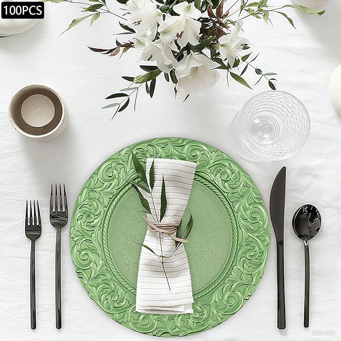 100 PCS Charger Plates Bulk, 13 Inch Embossed Rim Plastic Charger Plate Antique Round Service Plates Decorative Chargers Bulk for Table Setting Wedding Party Event(Green)