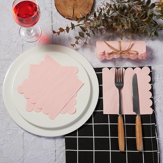 200 Pack Cocktail Napkin 2-Ply Scalloped Edged Dessert Napkins Folded 5 x 5 Inches Disposable Napkins for Dinner Wedding Birthday Party Bridal Anniversary Reception Event (Pink)