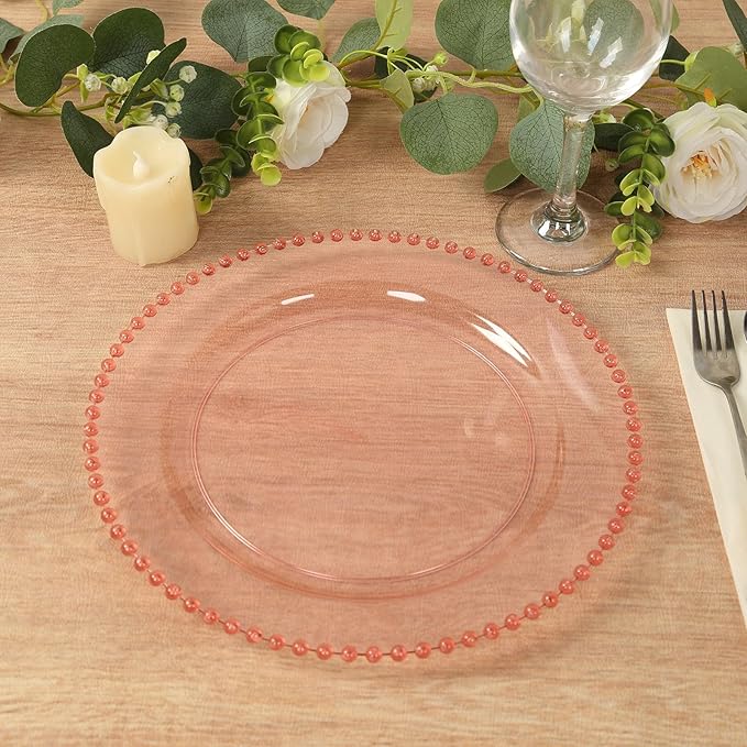 Efavormart 10 Pack Transparent Blush Plastic Dinner Plates with Beaded Rim, Round Disposable Party Plates - 10"