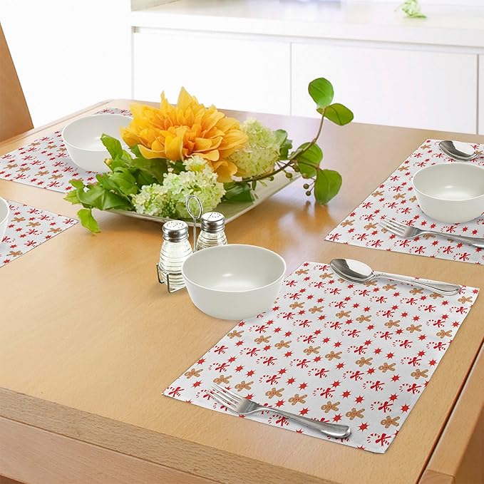 Ambesonne Gingerbread Man Place Mats Set of 8, Candy Cane Bowties Red Star Christmas Cookie Pattern, Washable Fabric Placemats for Dining Table, Placemat 8 pcs, Sand Brown Orange