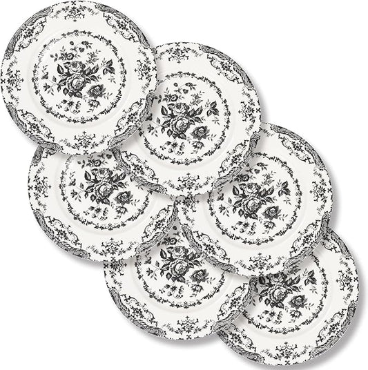 Salad Plates, 8.5 Inch Ceramic Plates Set of 6, Kitchen Plate Microwave Safe, White Porcelain Dessert Plate Porcelain Serving Dishes, Black