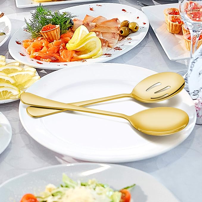 LIANYU 6 Pack Gold Serving Spoons and Forks Set, 8 3/4 Inch Stainless Steel Buffet Catering Party Banquet Serving Spoon Fork Set, Dishwasher Safe