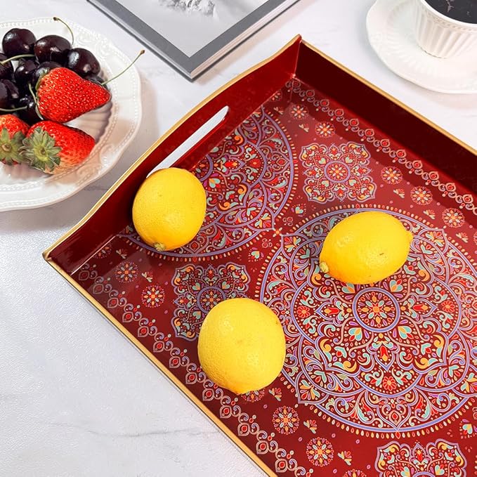 Boho Red Decorative Tray, Serving Tray with Handles, Plastic Tray for Coffee Table, Ottoman - Ideal for Living Room & Bathroom. 15” x 11” x 2.5”