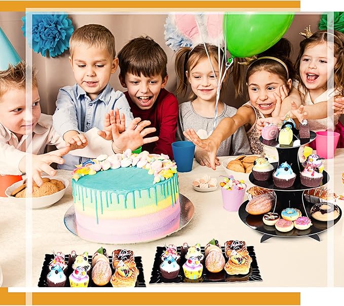 Zopeal 7 Pcs Dessert Table Display Set 3-Tier Cupcake Stand 1-Tier Cup Cake Display Tower Platters and Serving Trays Cardboard Cake Cookie Holders for Wedding Birthday Party Baby Shower(Black)
