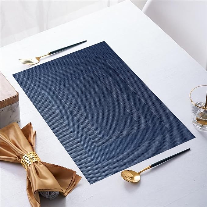 Placemats,PlasticVinyl Washable Heat-Resistant Durable PVC Non-Slip Woven for Kitchen Dining Table Mats (Blue-Midnight, Set of 6)