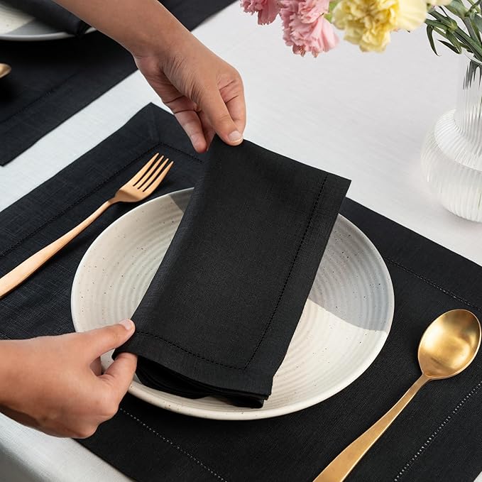 D'Moksha Homes Black Linen Napkins Set of 8 - Classic Hemstitch 100% Pure Linen Hemstitch Dinner Napkins 20 x 20 Inch for Winter, Christmas, Holiday, New Year - Handcrafted and Machine Washable