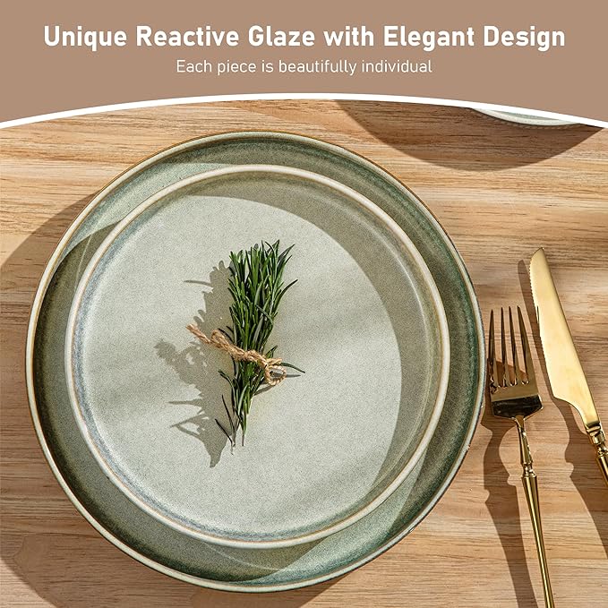 GBHOME 12-Piece Stoneware Dinnerware Set for 4 – Ribbed Ceramic Plates and Bowls, Scratch-Resistant, Microwave & Dishwasher Safe, Reactive Glaze, Desert Sage