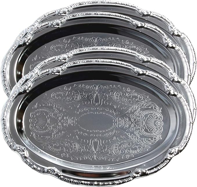 (Pack of 4) 9.4-Inch x 6.4-Inch Oval Shape Chrome Plated Serving Tray Plate Food Art Deco Floral Pattern Engraved Multi-Purpose Party Buffet Wedding Birthday (Small) T125S-4PK