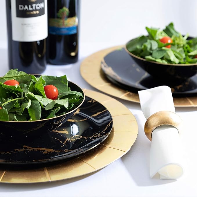 [16 OZ 40 Count] Black Plastic organic Party Soup bowls With Gold Rim Premium heavyweight Elegant Disposable Tableware Dishes