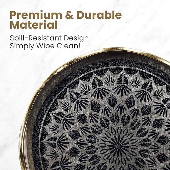 Round Serving Tray with with Handles Antique Look & Stylish Design Decorative Trays for Kitchen Round Ottoman Tray for Dinning Living Room & Home Decor Pack of 2 (Silver-Gold)