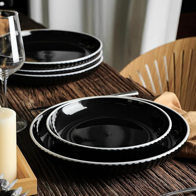 Christian Siriano Lustra Modern 32-Piece Stoneware Dinnerware Set, Plates and Bowls Set, Dinner and Salad Plates, Ramen Bowls, Dishes for 8, Black