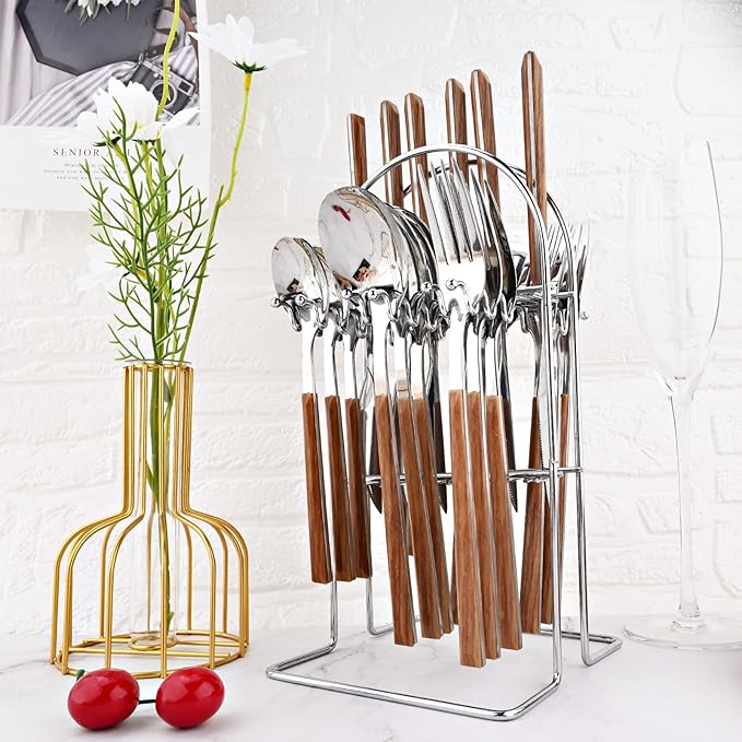 24Pcs Wooden Handle Flatware Silverware Set with Stand, Stainless Steel Cutlery Set for 6, Square Handle Eating Utensils, Mirror Polished Knife Fork Set