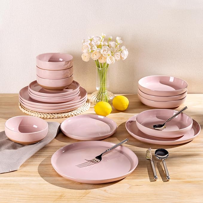 GBHOME 24-Piece Ceramic Dinnerware Set for 6, Handpainted Plates, Pasta Bowls & Bowls Set with Rustic Terracotta Underside, Scratch-Resistant, Dishwasher & Microwave Safe,Speckled Glaze Pink