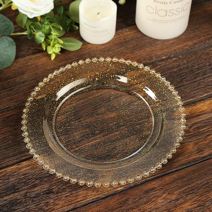 Efavormart 10 Pack Plastic Dessert Appetizer Plates in Clear Gold Glittered with Beaded Rim, Disposable Round Salad Party Plates 8"