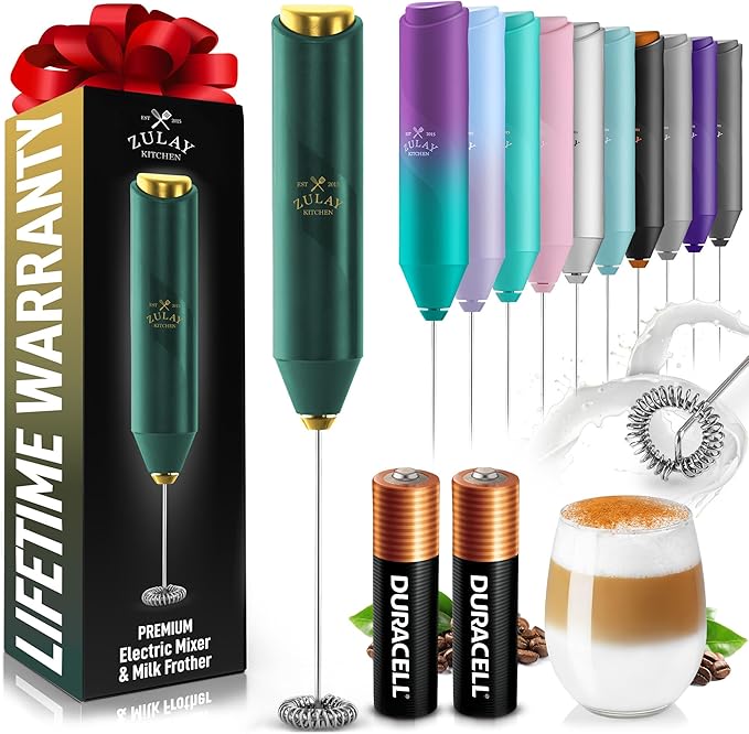 Zulay Kitchen Powerful Milk Frother Handheld with 2 Duracell AA Batteries – Ultra Fast Frother Wand Electric Drink Mixer for Coffee, Lattes, Cappuccinos, Matcha & Hot Chocolate – Portable Foam Maker