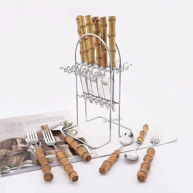 Bamboo Silverware set, 25 PCS Natural Bamboo Flatware Set with Holder, Stainless Steel Forks Spoons and Knives set with Bamboo Handle, Silver Cutlery Set with Stand, Service for 6