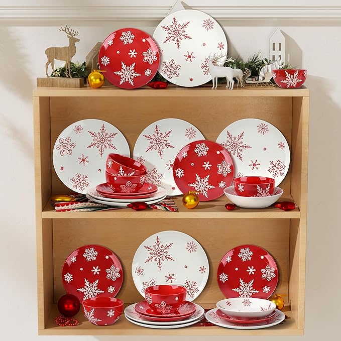 4 Pcs Christmas Pasta Bowls, 26 Oz Ceramic Bowl Set, Wide and Shallow Serving Bowls, White Red Snowflake Xmas Holiday Soup Bowls for Salad, Dessert, Pasta, Ice Cream, Dishwasher and Microwave Safe