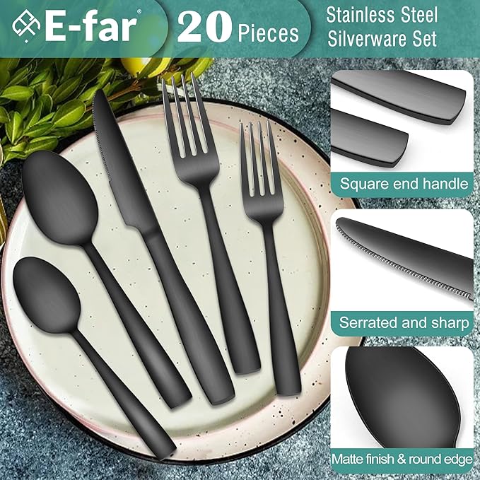 E-far Matte Black Silverware Set for 4, 20 Pieces Stainless Steel Flatware Eating Utensils Set for Home Kitchen Restaurant, Metal Forks Spoons and Knives with Square Handle for Wedding Dinner Party