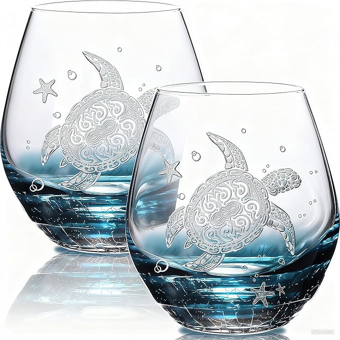 Sea Turtle Wine Glasses Set 2 - 13.3oz Crackle Teal Design, Hand blown Tortoise Wine Tumbler,Sea Turtle Gifts for Women, Birthday/Housewarming/Christmas Gifts for Seaturtle Lovers(2Count, White)