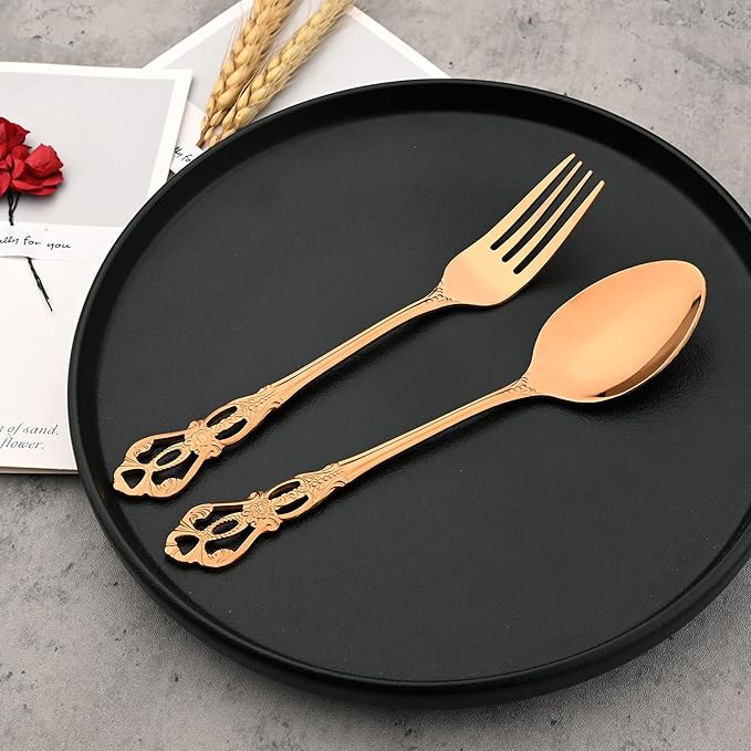 Mirror Polished Copper Silverware Set, 24-Piece 18/10 Stainless Steel Rose Gold Flatware Set Service for 6, Kitchen Utensil Set, Tableware Cutlery Set for Home and Restaurant Dishwasher Safe