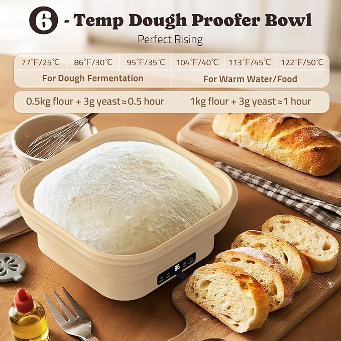 Heating Sourdough Starter Kit, 4L Electric Thermostatic Silicone Square Foldable Banneton Bread Proofing Basket with 6 Timer & Temp Settings for Dough Rising, Dishwasher Safe, Bread Making Kit